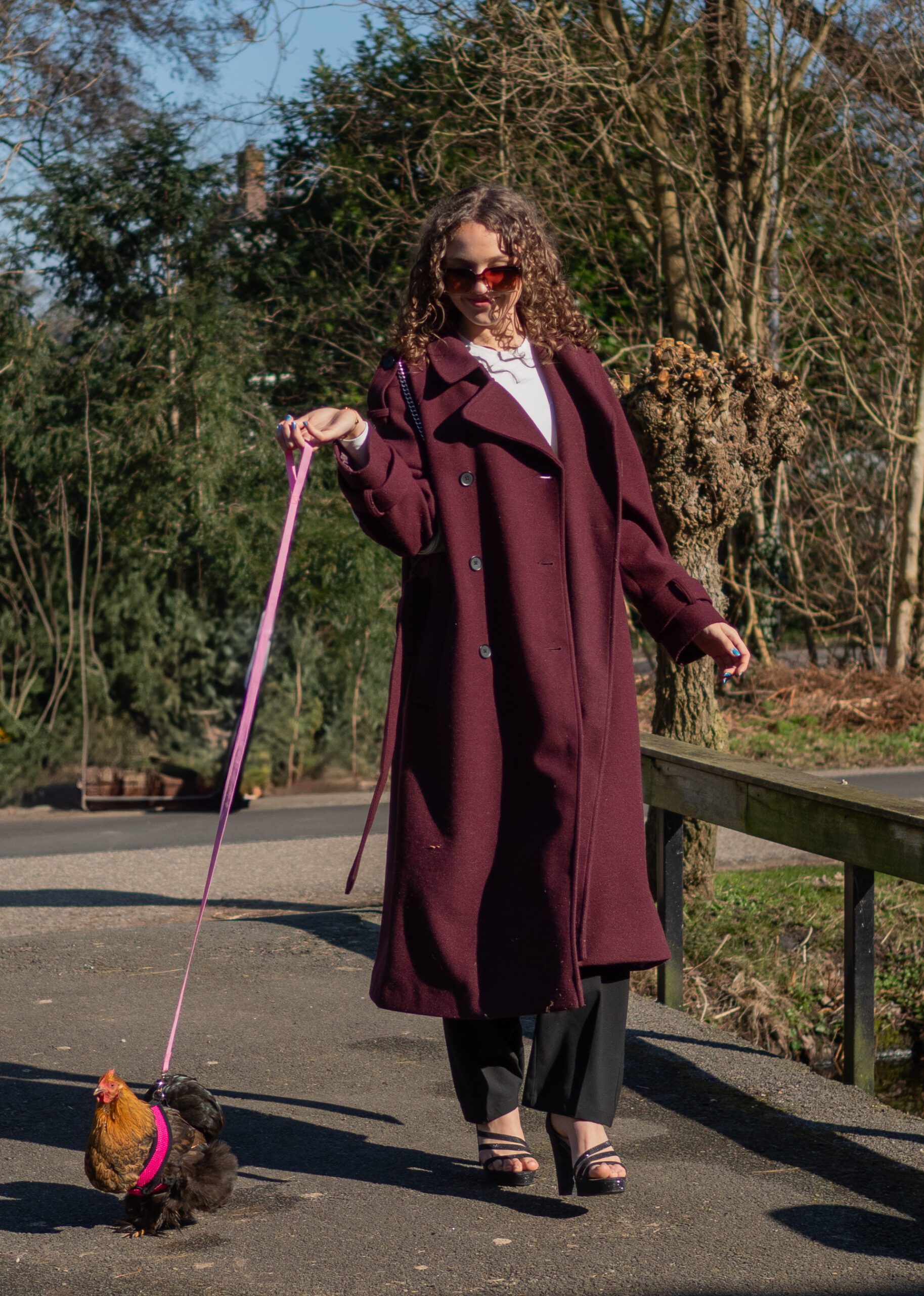 Vrouw met lange jas en hakken die haar kip uitlaat – een surrealistisch beeld dat alledaagsheid en fantasie samenbrengt
