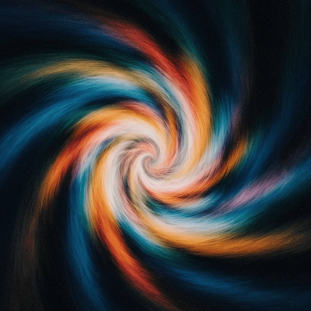 Abstracte draaikolk van felle kleuren – symbool voor creativiteit, energie en de continue stroom van ideeën binnen contentcreatie.