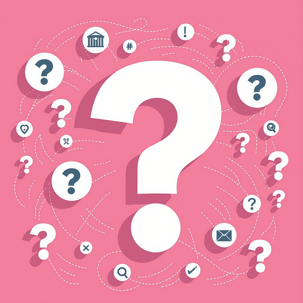 Abstract beeld met verschillende vraagtekens op een lichte achtergrond – symbool voor nieuwsgierigheid, openheid en het samen zoeken naar antwoorden bij Amstellie Studio.